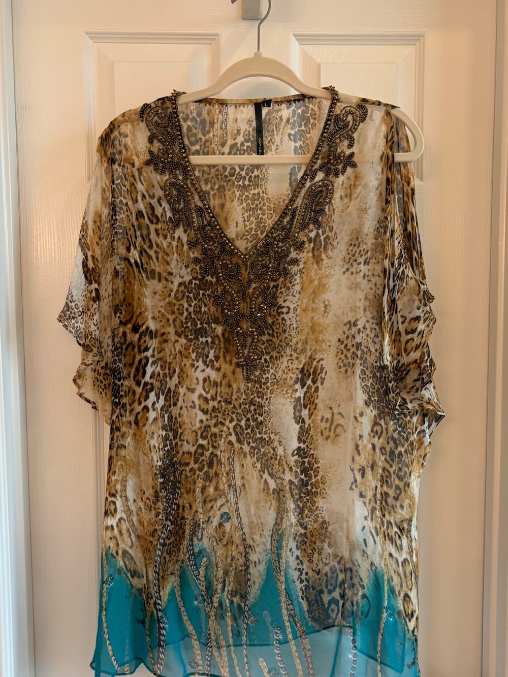 Beaded V-Neck Sheer Animal-Print Tunic in Tan and Teal